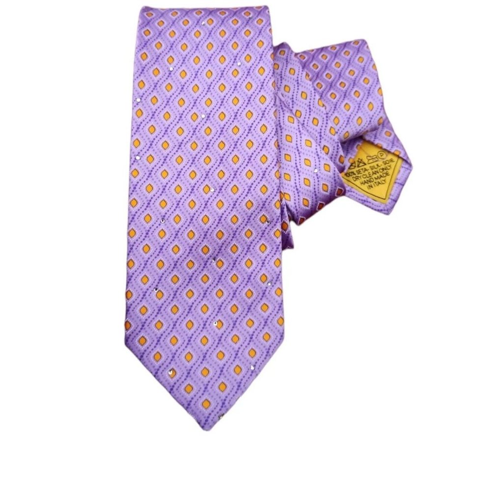 SANTOSTEFANO Purple Geometric Strass Silk Tie HANDMADE ITALY 58"/ 3" EC